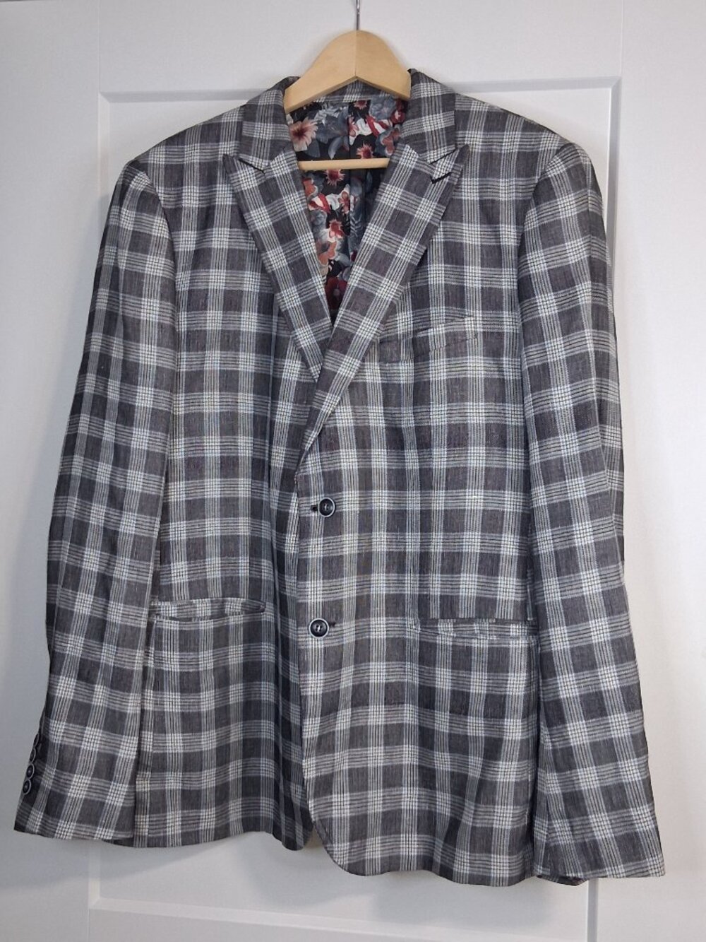 Strauss Men’s 48T Plaid Linen Blend Sport Coat Blazer Floral Lined Gray